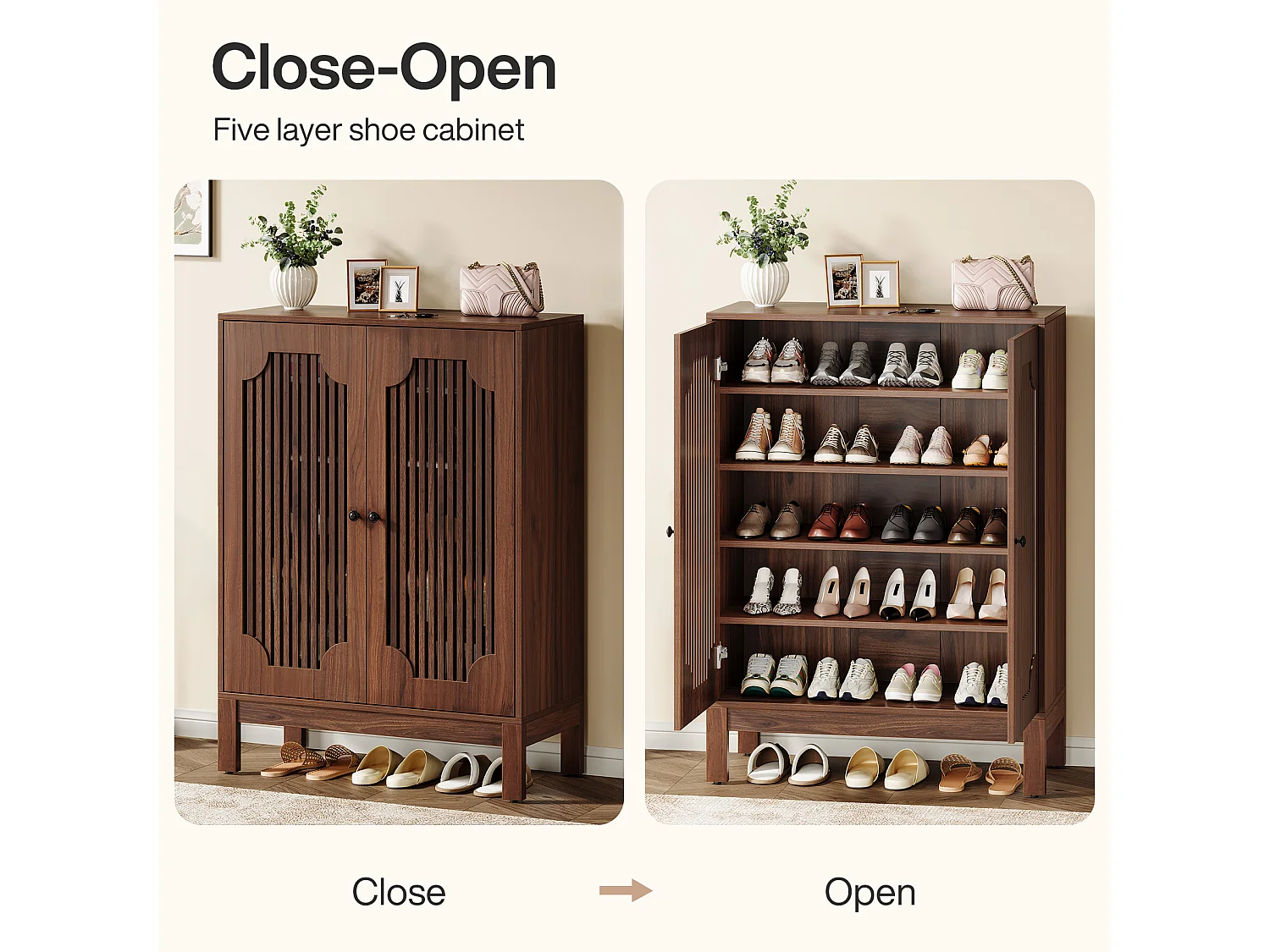 Meuble à chaussures avec portes à lattes, meuble à chaussures à 5 niveaux avec étagères réglables, étagère à chaussures pour 20 paires