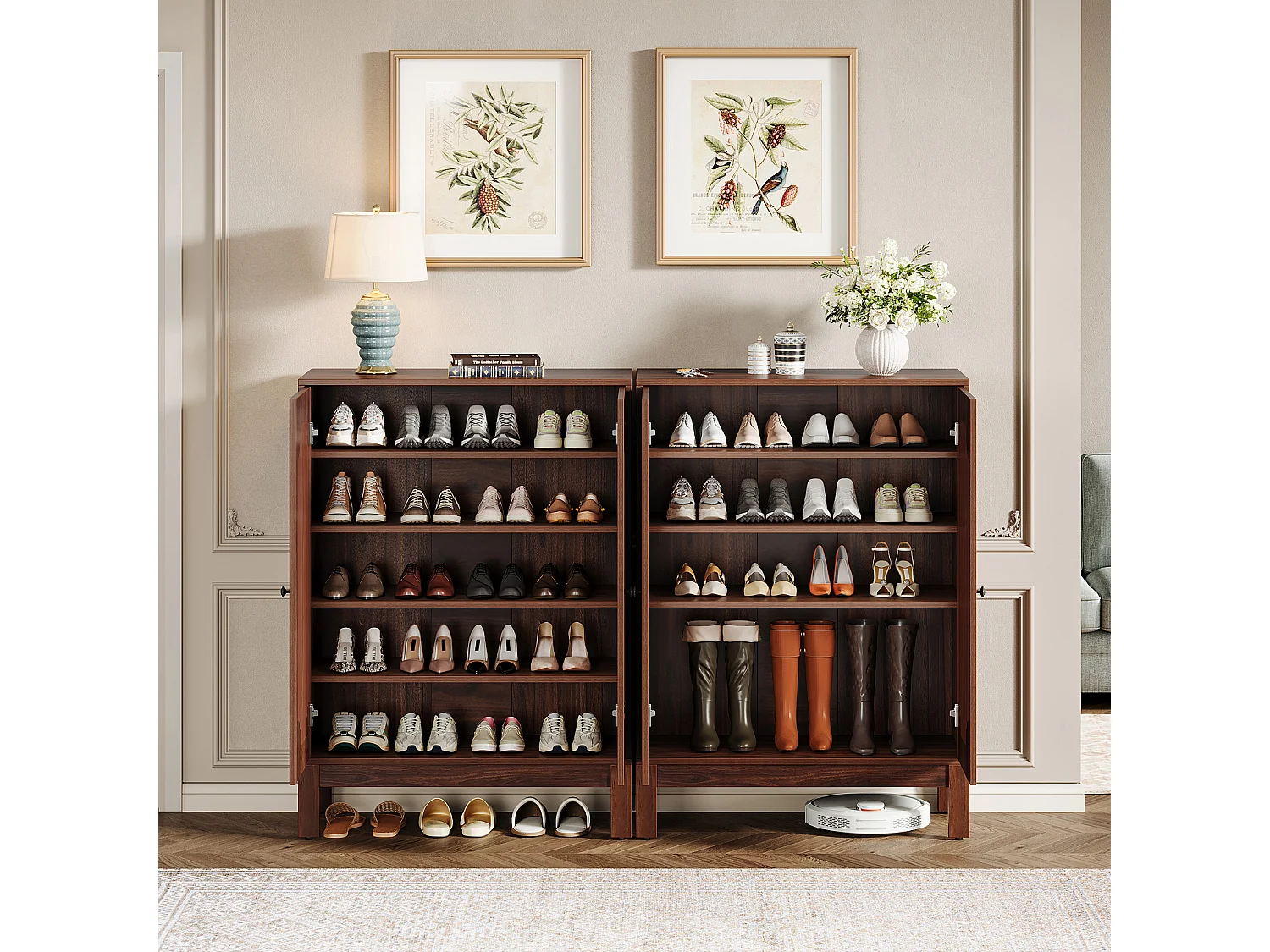 Meuble à chaussures avec portes à lattes, meuble à chaussures à 5 niveaux avec étagères réglables, étagère à chaussures pour 20 paires