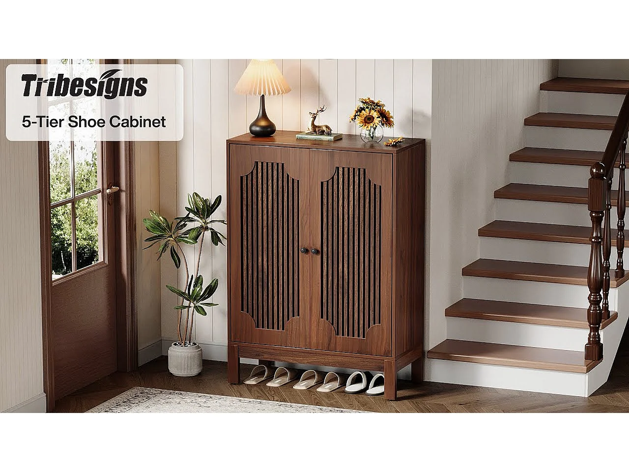 Meuble à chaussures avec portes à lattes, meuble à chaussures à 5 niveaux avec étagères réglables, étagère à chaussures pour 20 paires