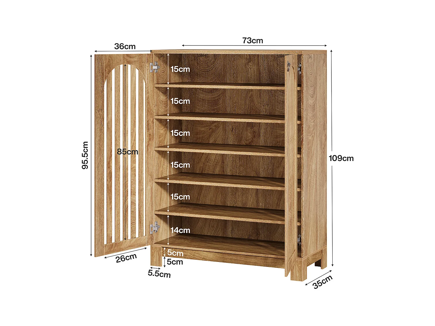 Meuble à chaussures avec portes aérées, rangement à chaussures d'entrée à 6 niveaux avec étagères réglables