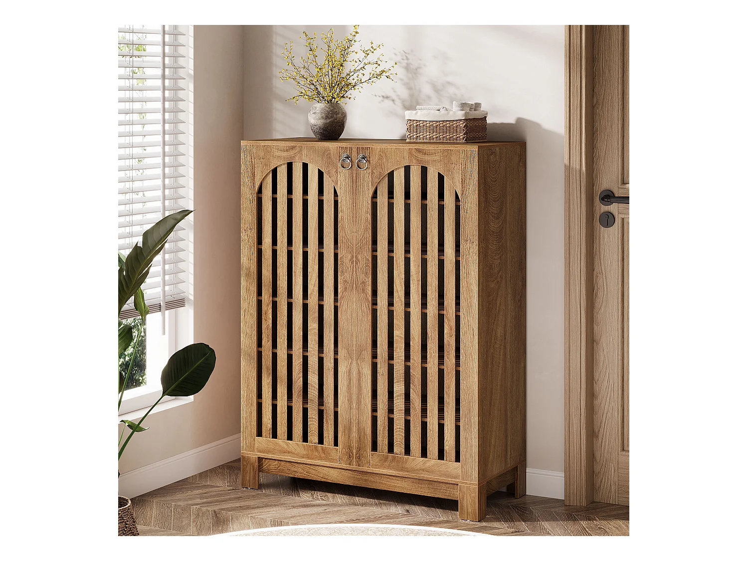 Meuble à chaussures avec portes aérées, rangement à chaussures d'entrée à 6 niveaux avec étagères réglables