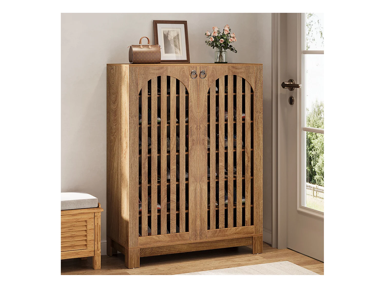 Meuble à chaussures avec portes aérées, rangement à chaussures d'entrée à 6 niveaux avec étagères réglables