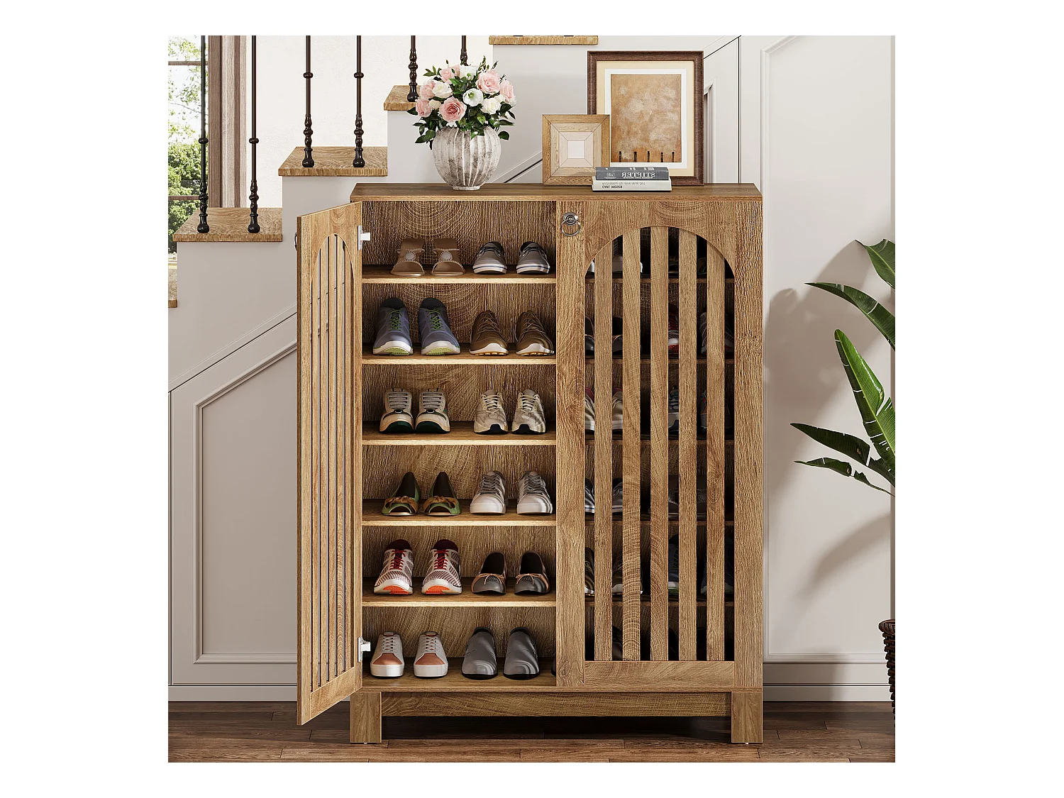 Meuble à chaussures avec portes aérées, rangement à chaussures d'entrée à 6 niveaux avec étagères réglables