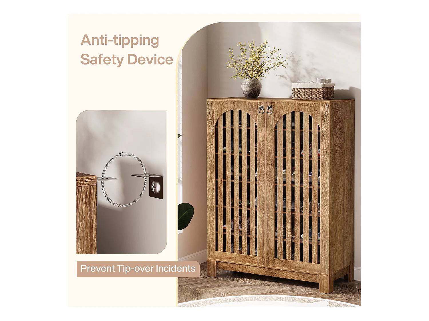 Meuble à chaussures avec portes aérées, rangement à chaussures d'entrée à 6 niveaux avec étagères réglables