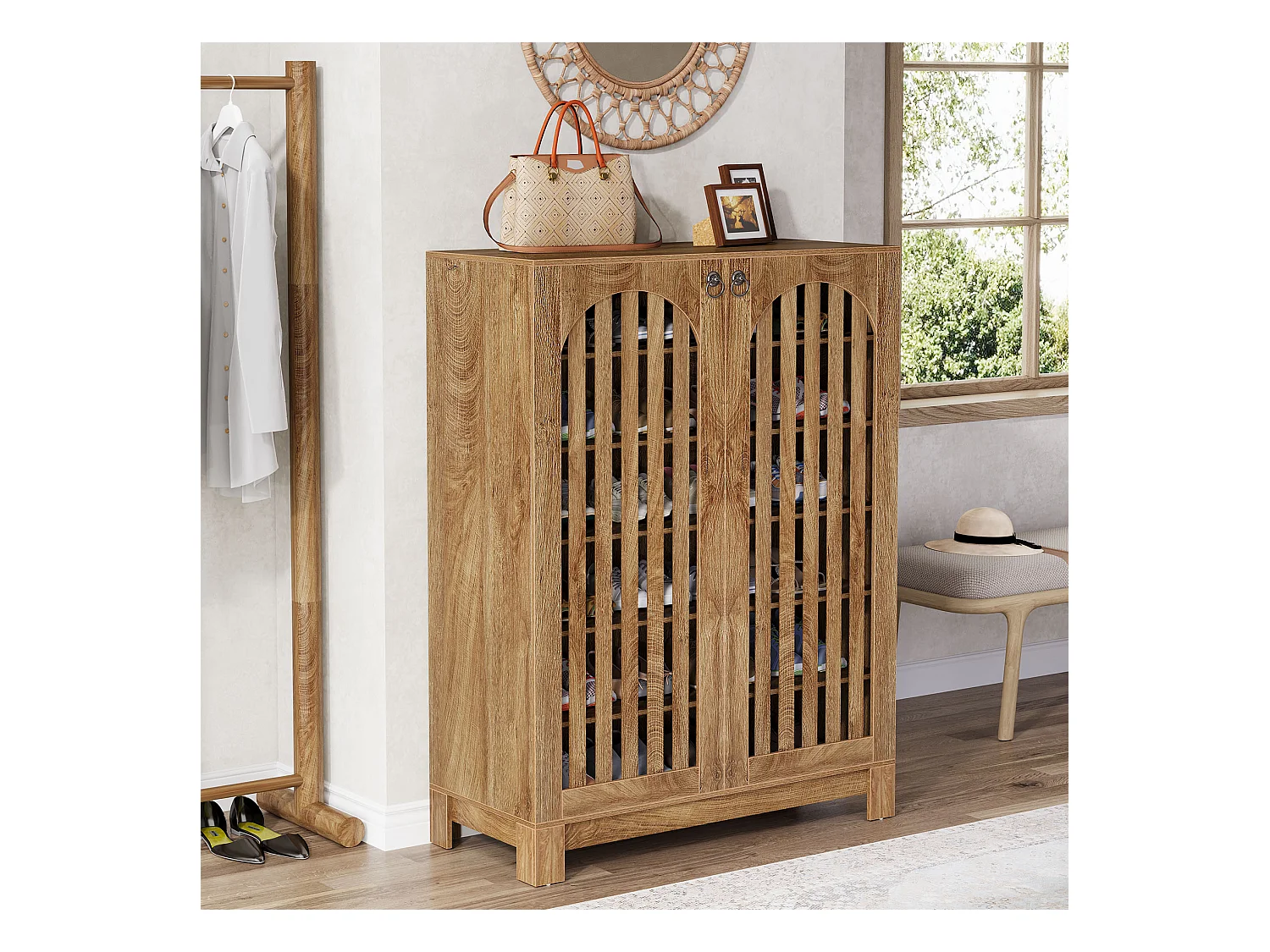 Meuble à chaussures avec portes aérées, rangement à chaussures d'entrée à 6 niveaux avec étagères réglables