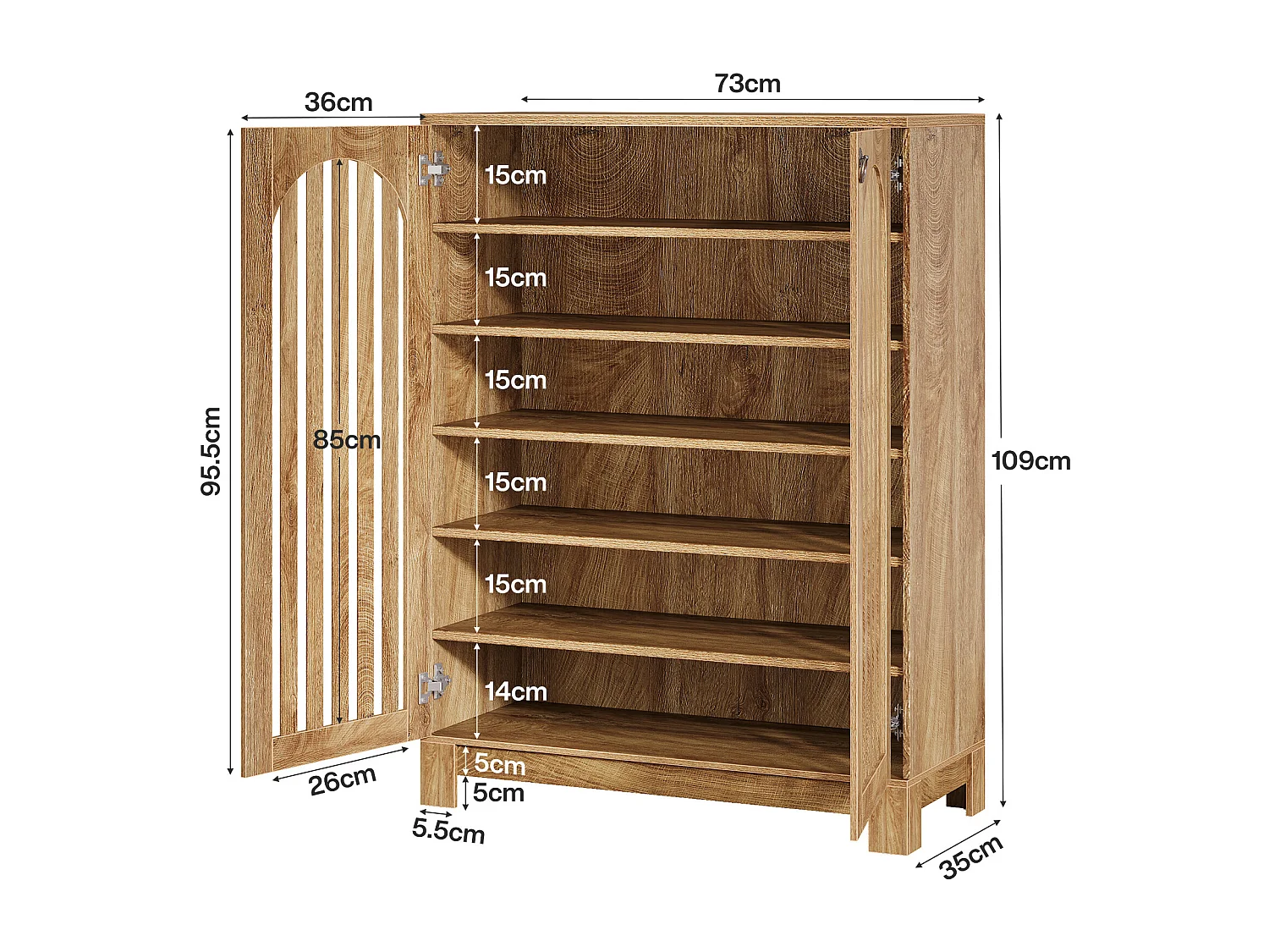 Meuble à chaussures avec portes aérées, rangement à chaussures d'entrée à 6 niveaux avec étagères réglables