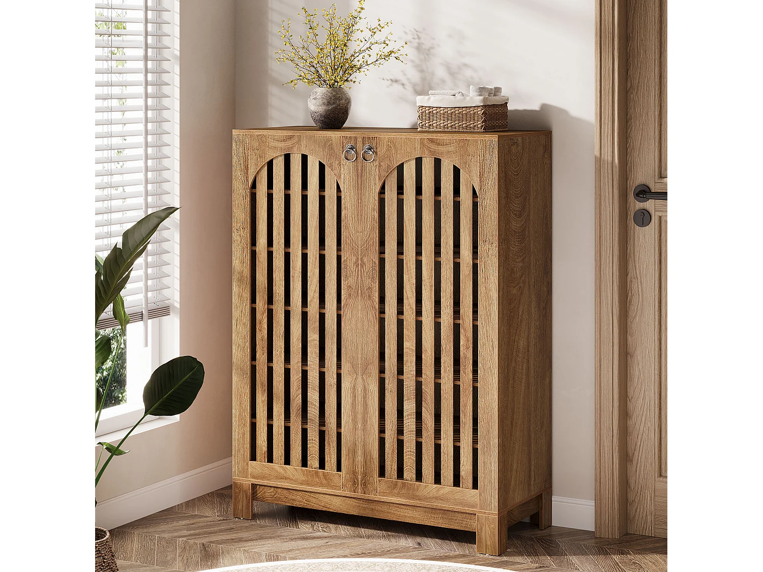 Meuble à chaussures avec portes aérées, rangement à chaussures d'entrée à 6 niveaux avec étagères réglables