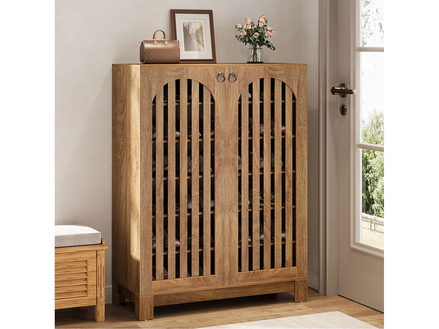 Meuble à chaussures avec portes aérées, rangement à chaussures d'entrée à 6 niveaux avec étagères réglables