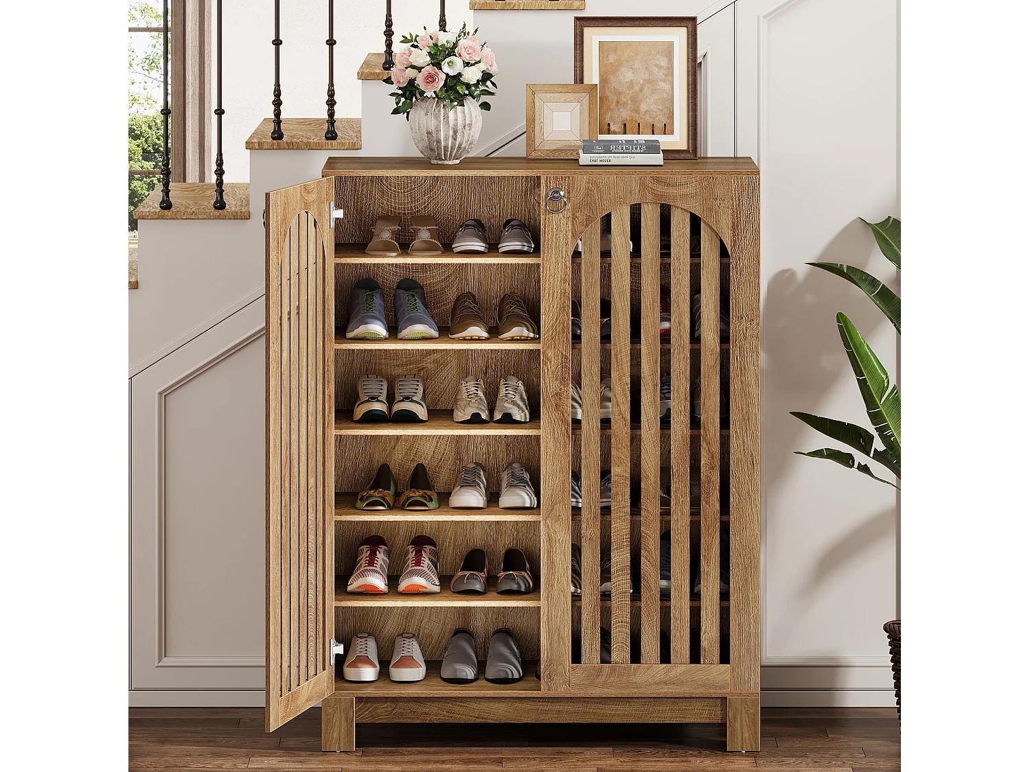 Meuble à chaussures avec portes aérées, rangement à chaussures d'entrée à 6 niveaux avec étagères réglables