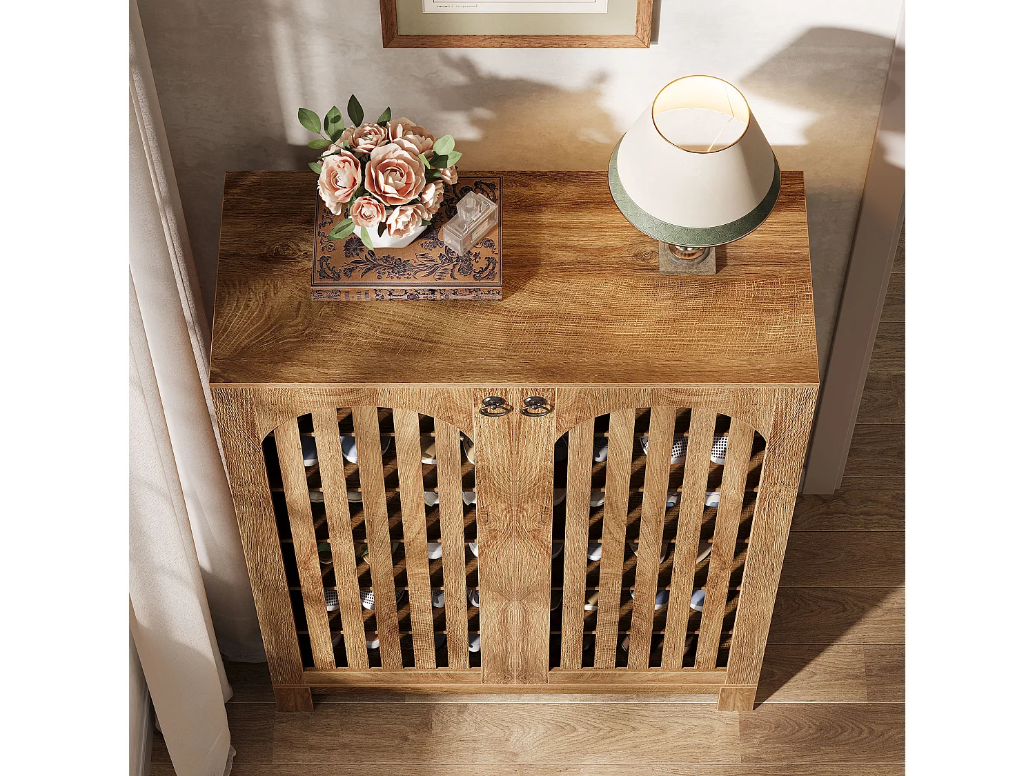 Meuble à chaussures avec portes aérées, rangement à chaussures d'entrée à 6 niveaux avec étagères réglables