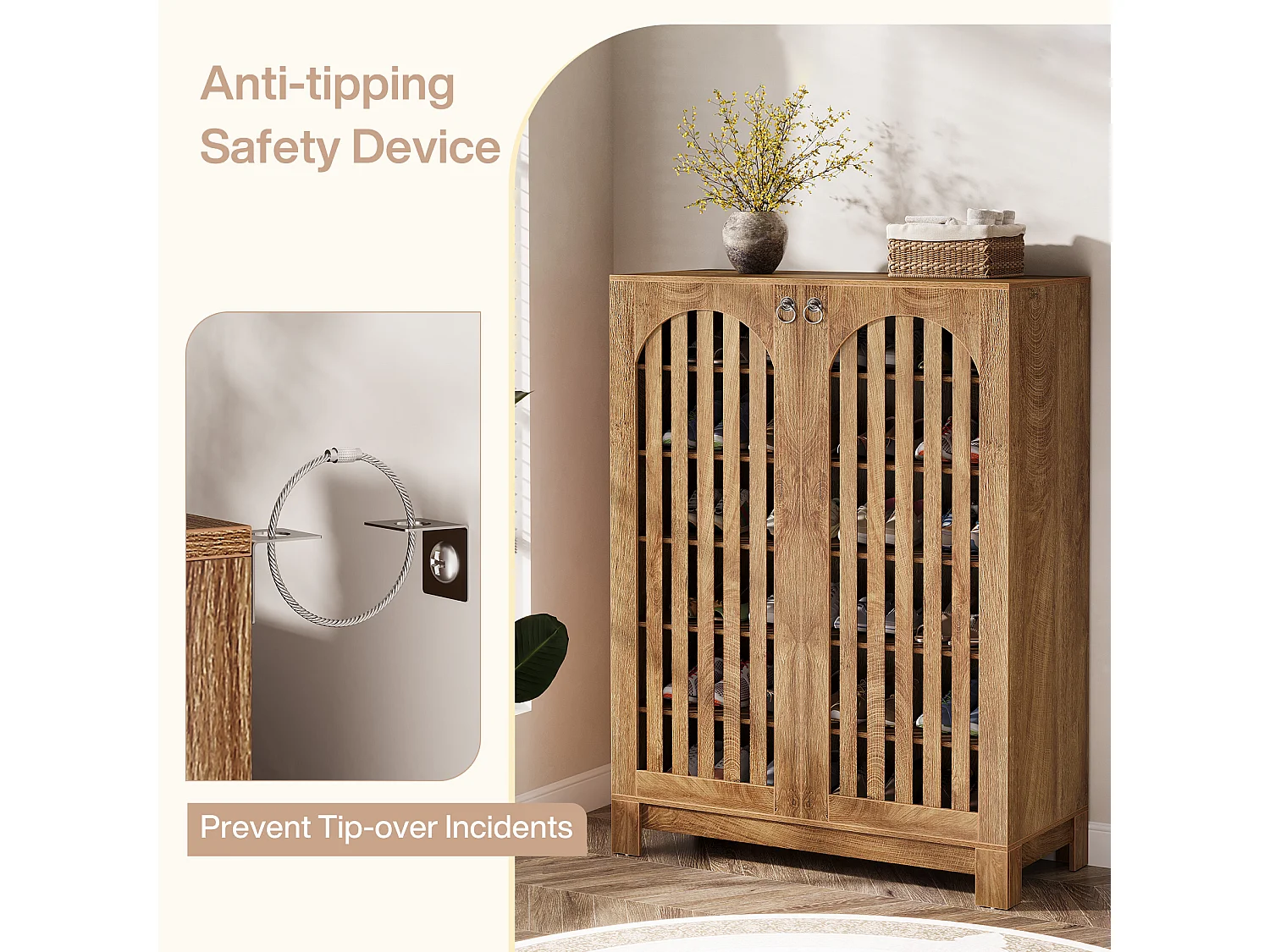 Meuble à chaussures avec portes aérées, rangement à chaussures d'entrée à 6 niveaux avec étagères réglables