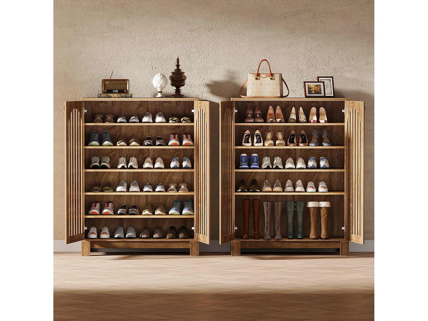 Meuble à chaussures avec portes aérées, rangement à chaussures d'entrée à 6 niveaux avec étagères réglables