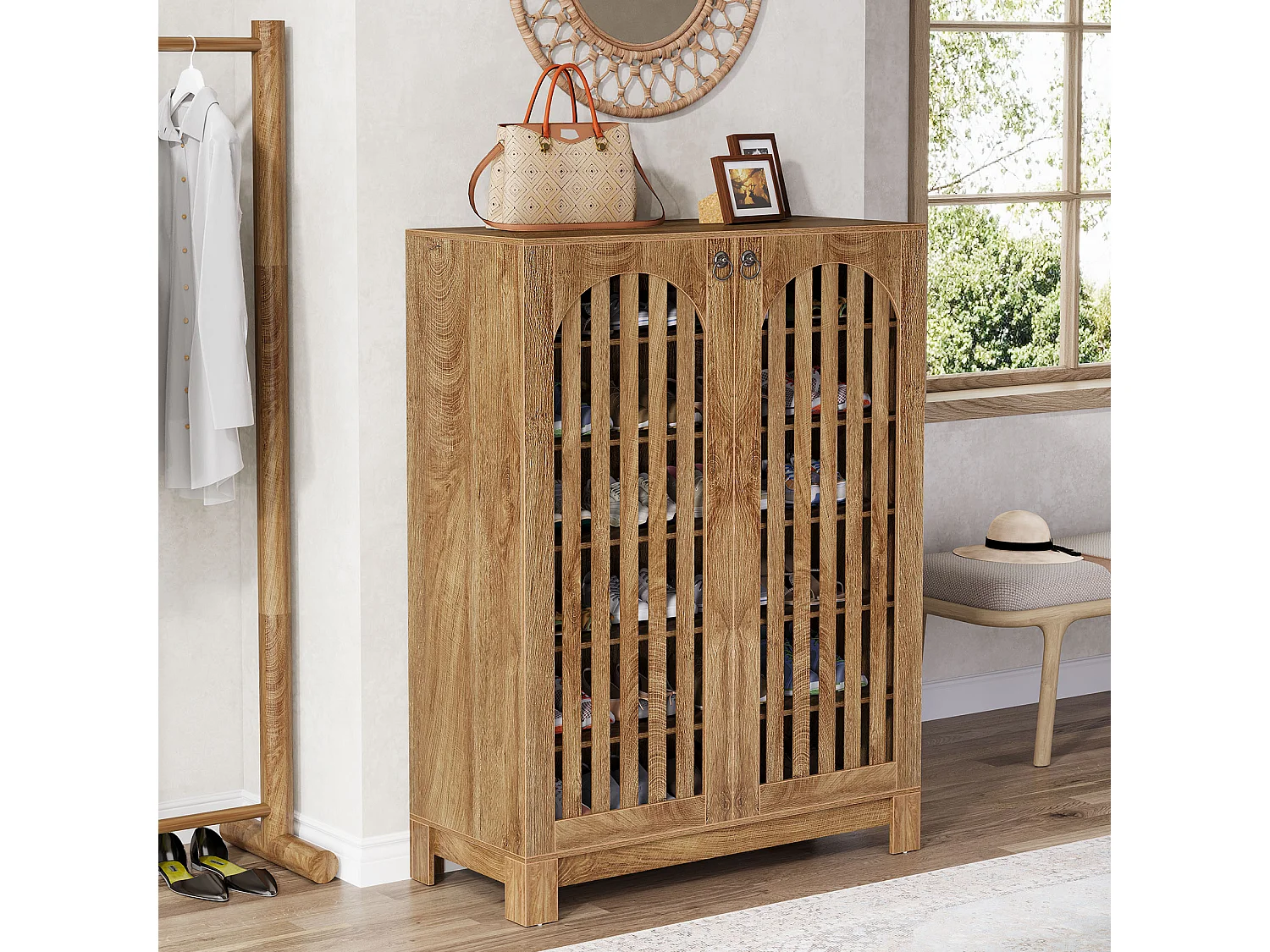 Meuble à chaussures avec portes aérées, rangement à chaussures d'entrée à 6 niveaux avec étagères réglables