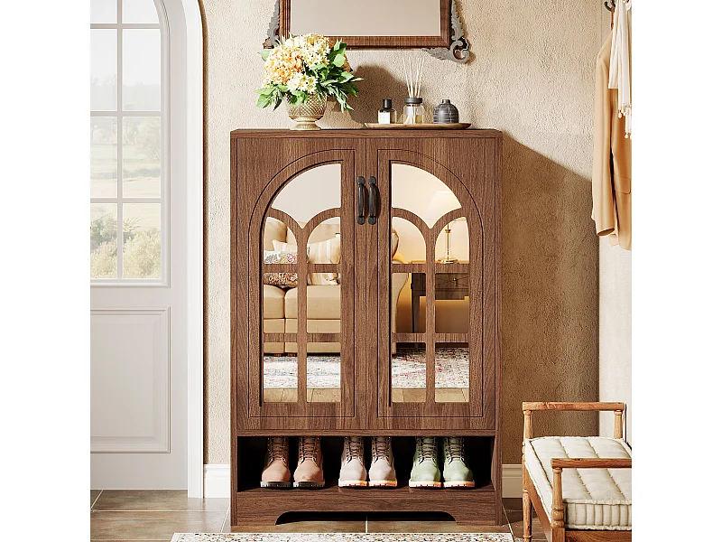 Meuble à chaussures avec portes miroir, rangement à chaussures à 5 niveaux avec étagères réglables