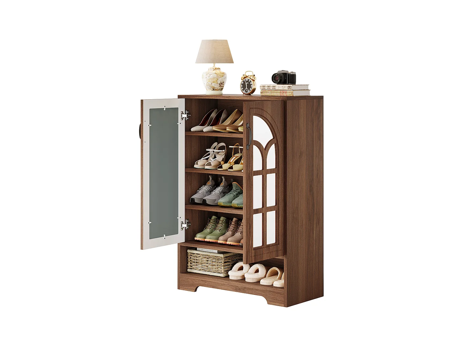 Meuble à chaussures avec portes miroir, rangement à chaussures à 5 niveaux avec étagères réglables