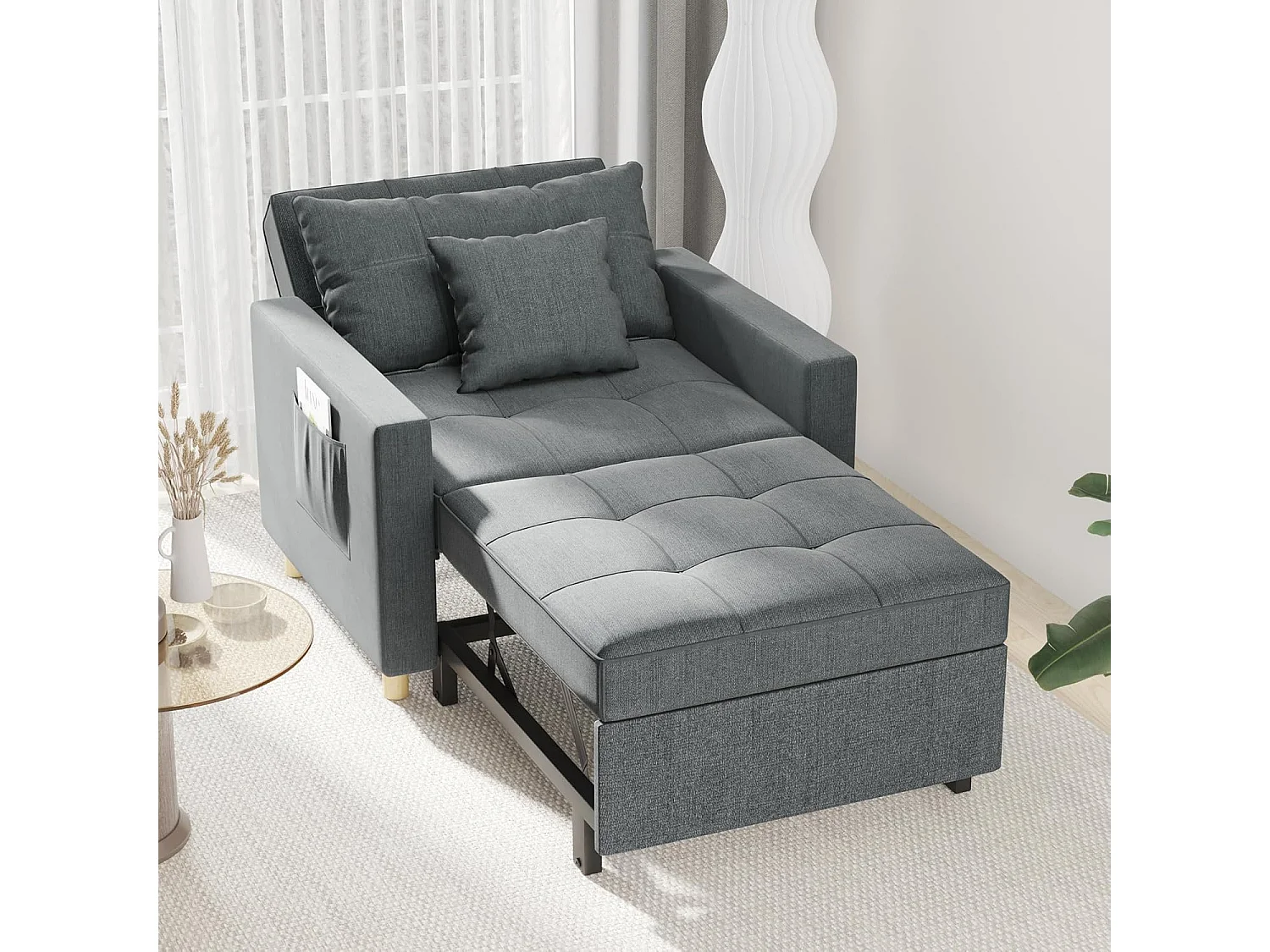 YODOLLA 192cm schlafsessel, 3-in-1 Schlaferstuhl ausziehbar mit Bettfunktion, Seitentasche & verstellbarer Rückenlehne für Gästezimmer, Dunkelgrau