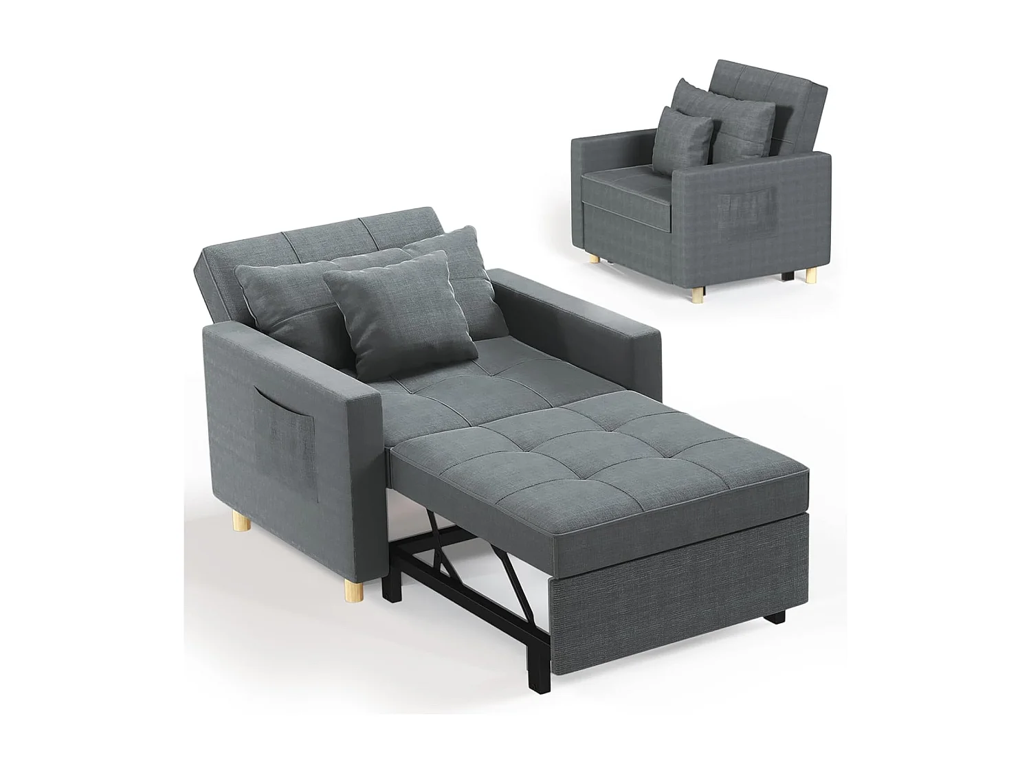 YODOLLA 192cm schlafsessel, 3-in-1 Schlaferstuhl ausziehbar mit Bettfunktion, Seitentasche & verstellbarer Rückenlehne für Gästezimmer, Dunkelgrau