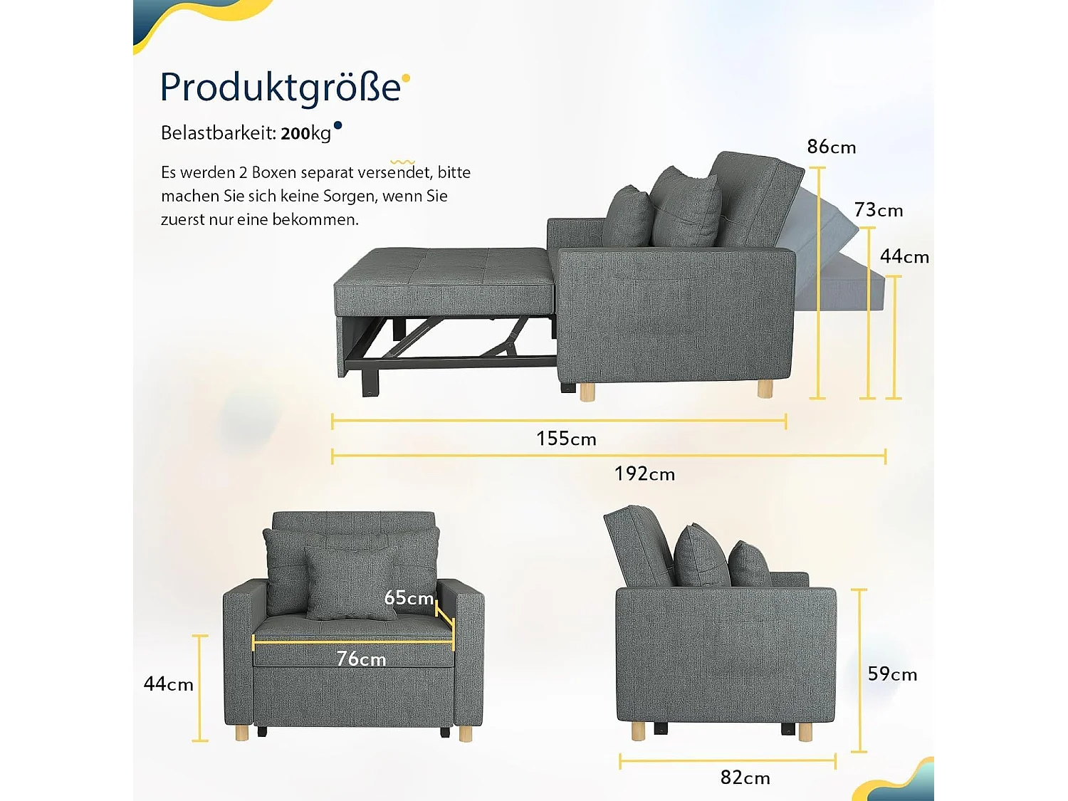 YODOLLA 192cm schlafsessel, 3-in-1 Schlaferstuhl ausziehbar mit Bettfunktion, Seitentasche & verstellbarer Rückenlehne für Gästezimmer, Dunkelgrau