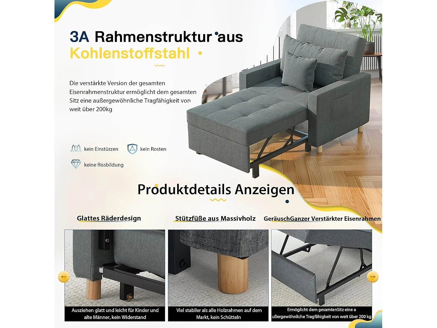 YODOLLA 192cm schlafsessel, 3-in-1 Schlaferstuhl ausziehbar mit Bettfunktion, Seitentasche & verstellbarer Rückenlehne für Gästezimmer, Dunkelgrau