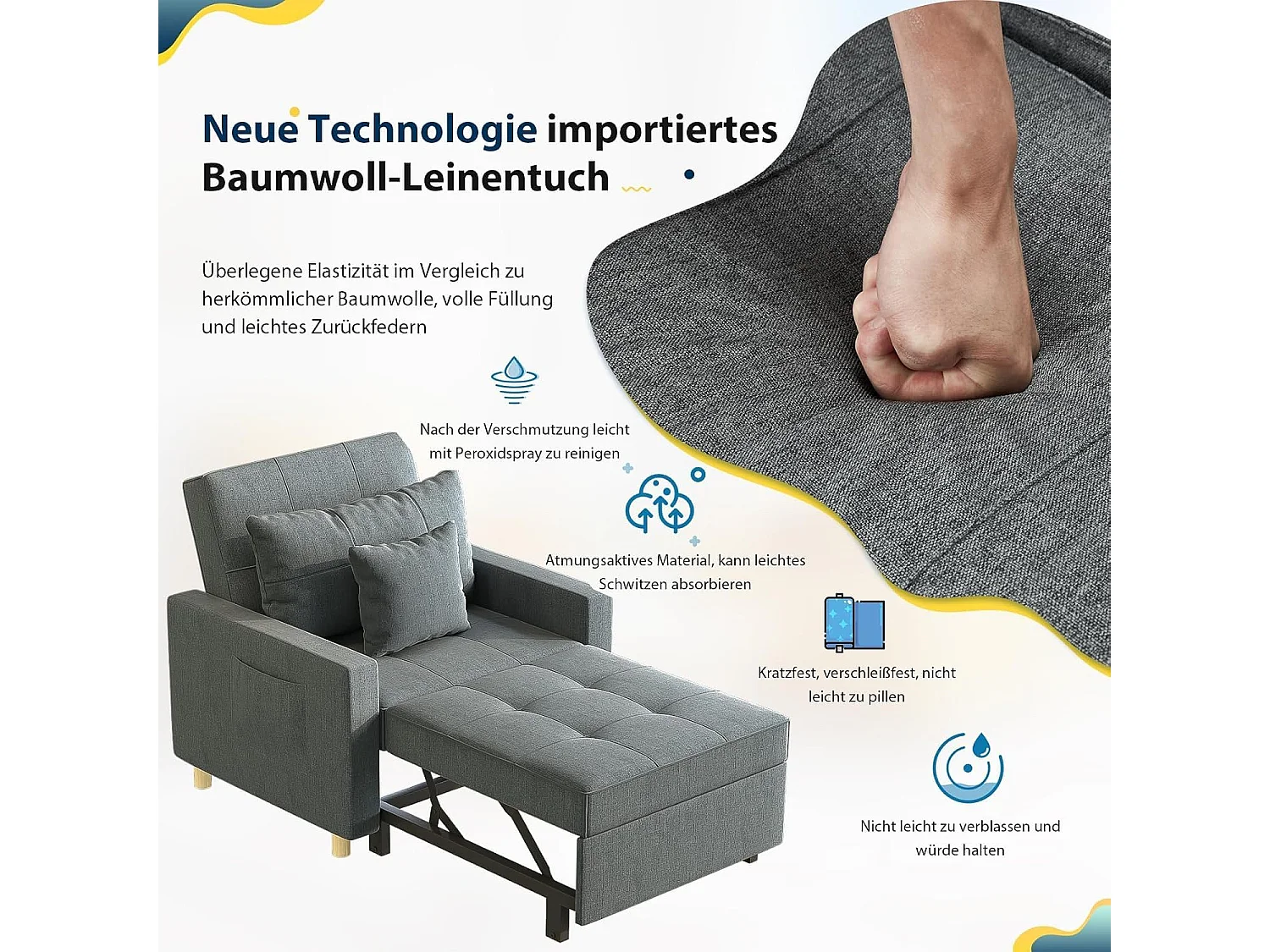 YODOLLA 192cm schlafsessel, 3-in-1 Schlaferstuhl ausziehbar mit Bettfunktion, Seitentasche & verstellbarer Rückenlehne für Gästezimmer, Dunkelgrau