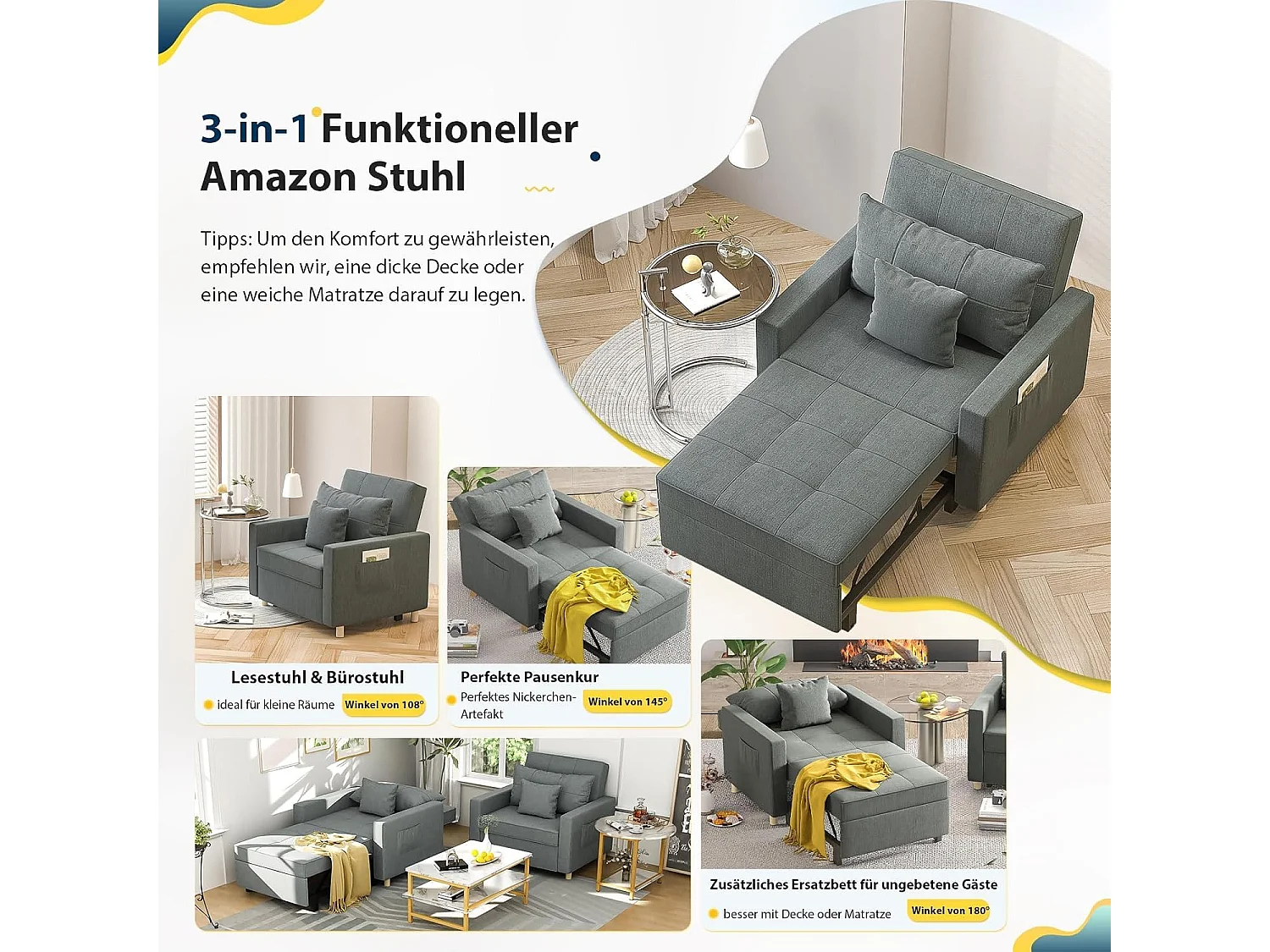 YODOLLA 192cm schlafsessel, 3-in-1 Schlaferstuhl ausziehbar mit Bettfunktion, Seitentasche & verstellbarer Rückenlehne für Gästezimmer, Dunkelgrau