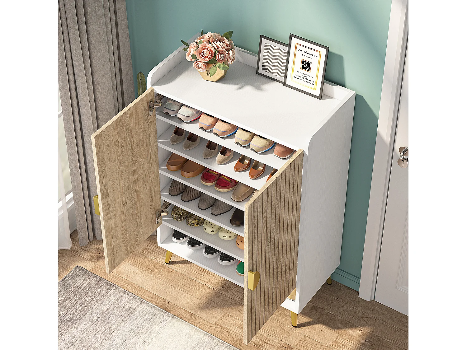 Meuble à chaussures avec portes, meuble de rangement à chaussures à 7 niveaux avec étagères réglables