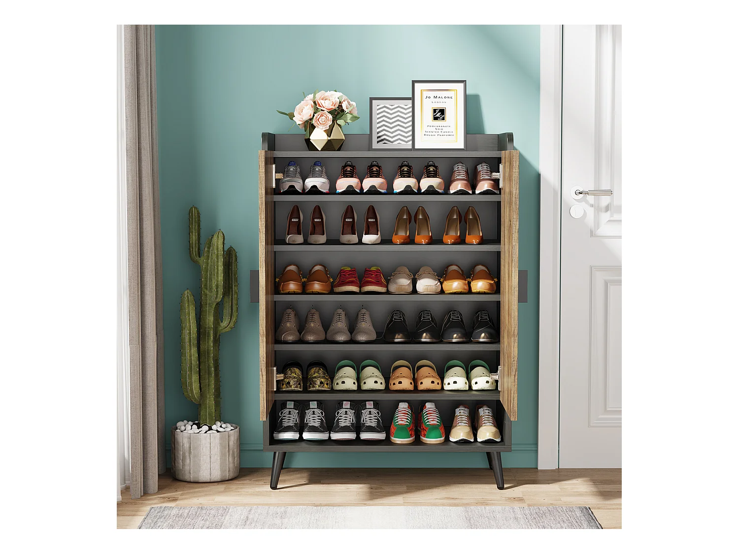 Schuhschrank mit Türen, 7-fach Schuhregal mit verstellbaren Regalböden