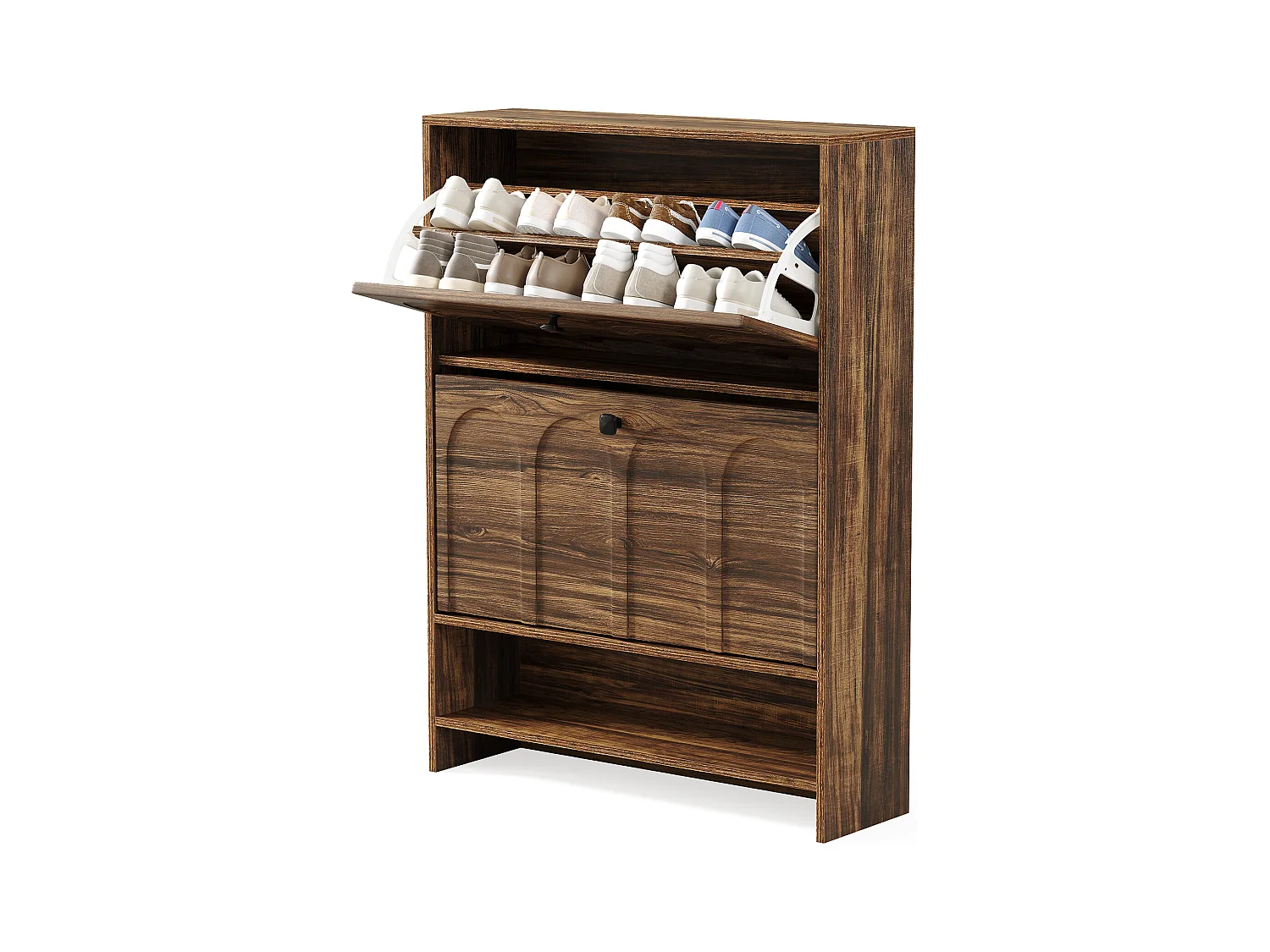 Meuble à chaussures d'entrée avec 2 tiroirs rabattables, meuble à chaussures étroit en bois avec panneau cannelé