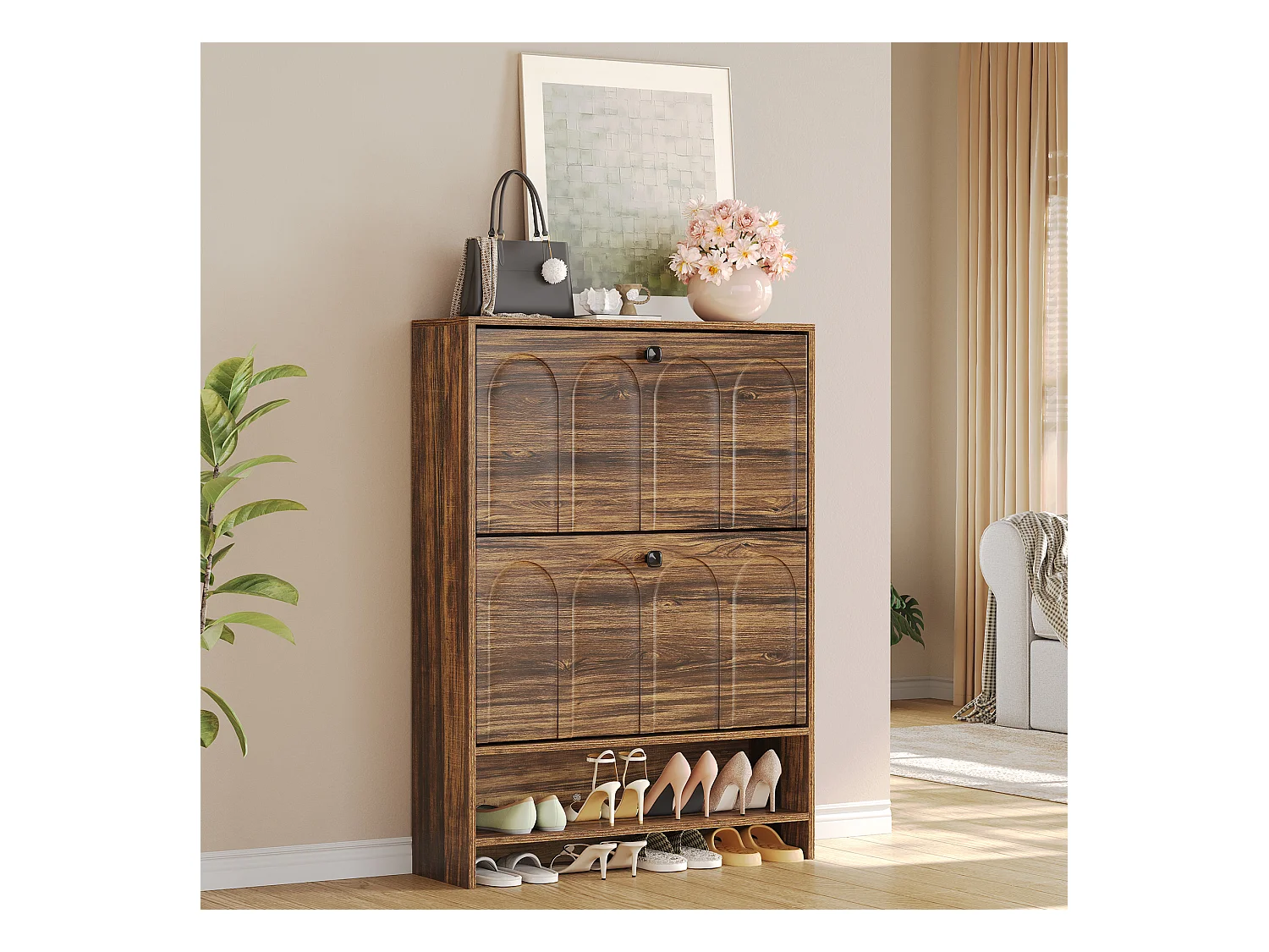 Meuble à chaussures d'entrée avec 2 tiroirs rabattables, meuble à chaussures étroit en bois avec panneau cannelé