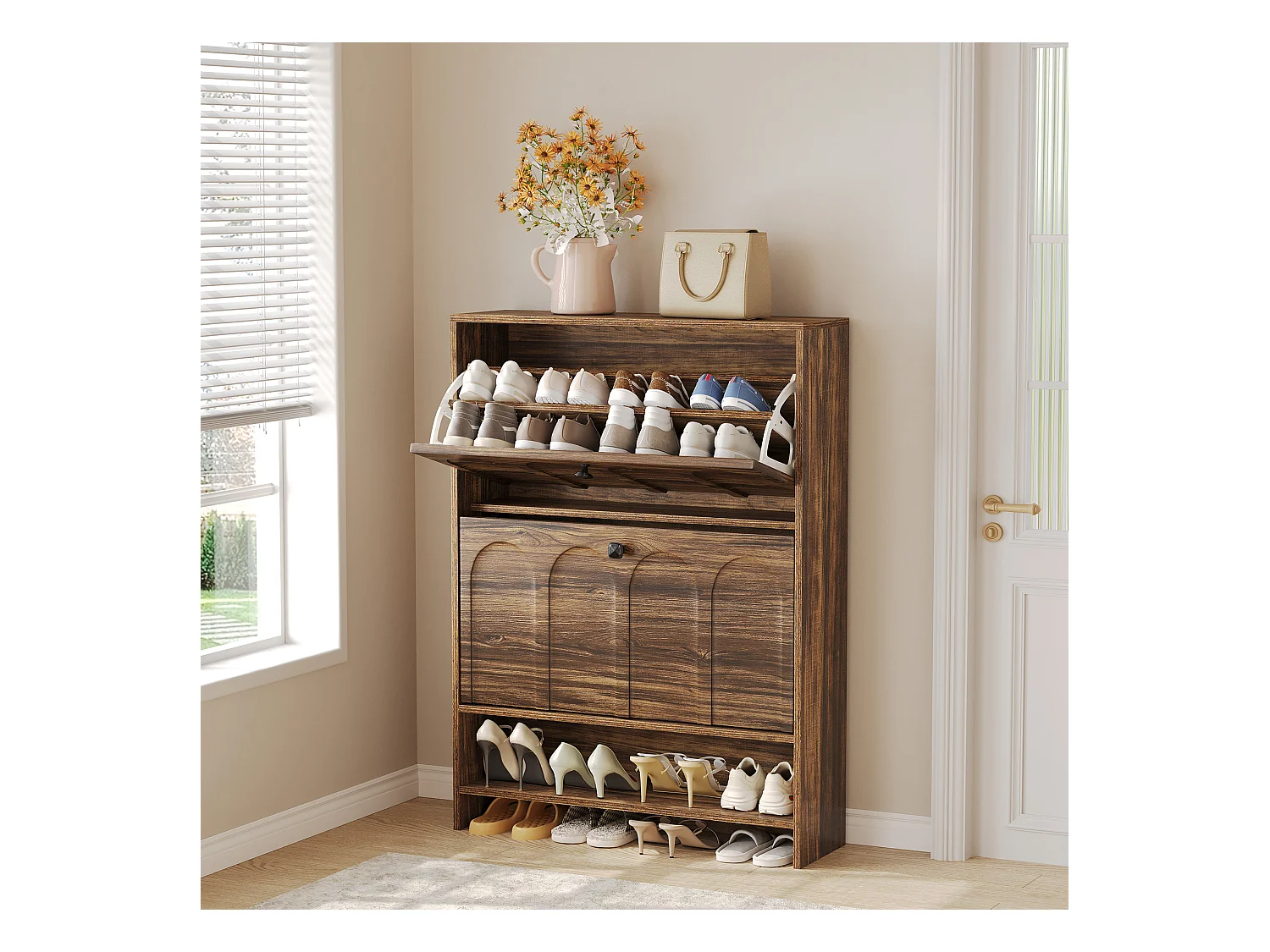 Meuble à chaussures d'entrée avec 2 tiroirs rabattables, meuble à chaussures étroit en bois avec panneau cannelé