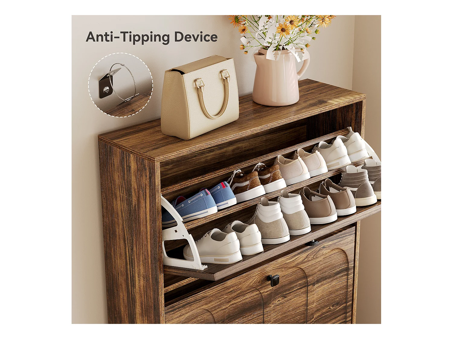 Meuble à chaussures d'entrée avec 2 tiroirs rabattables, meuble à chaussures étroit en bois avec panneau cannelé