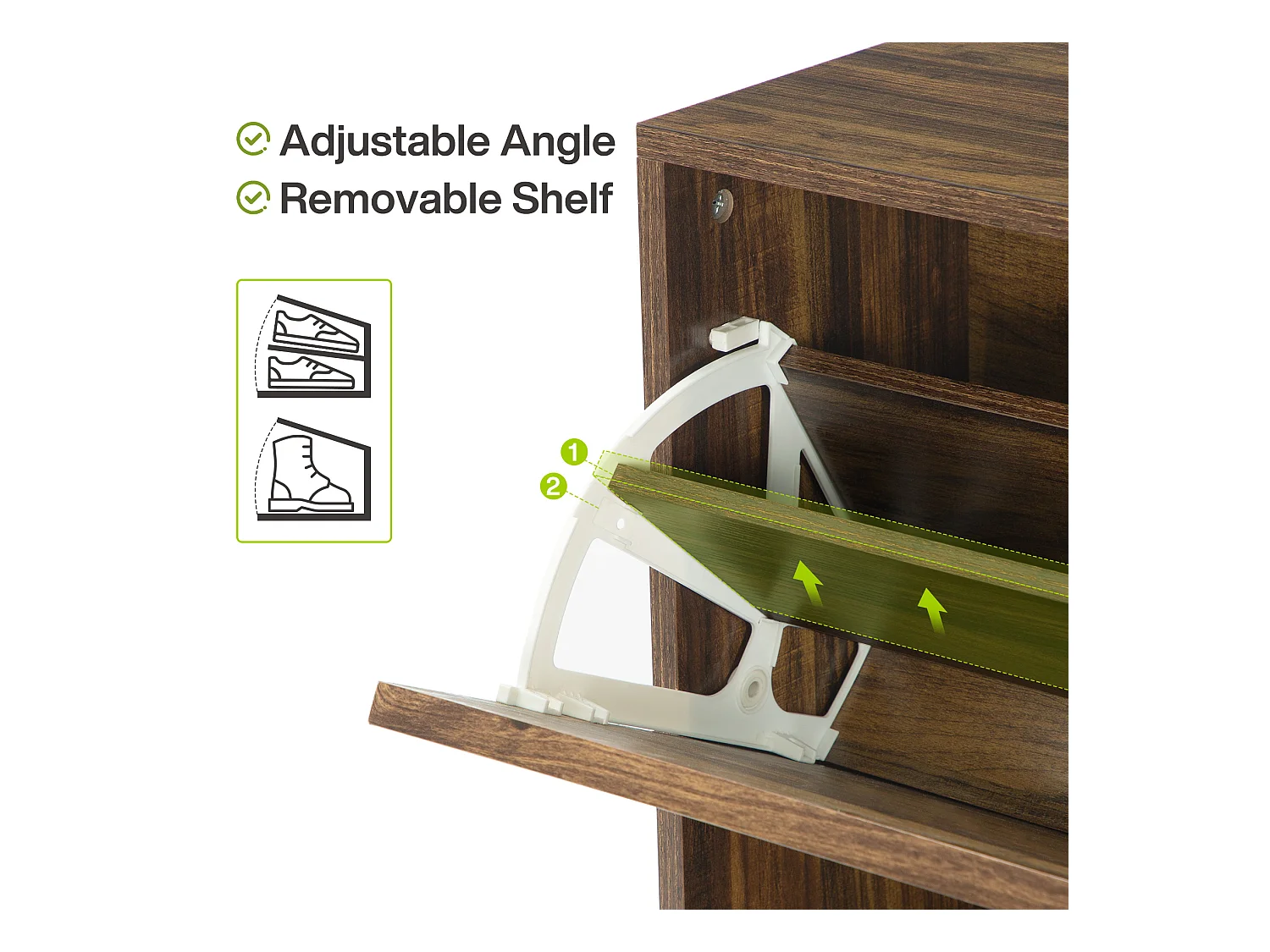 Meuble à chaussures d'entrée avec 2 tiroirs rabattables, meuble à chaussures étroit en bois avec panneau cannelé