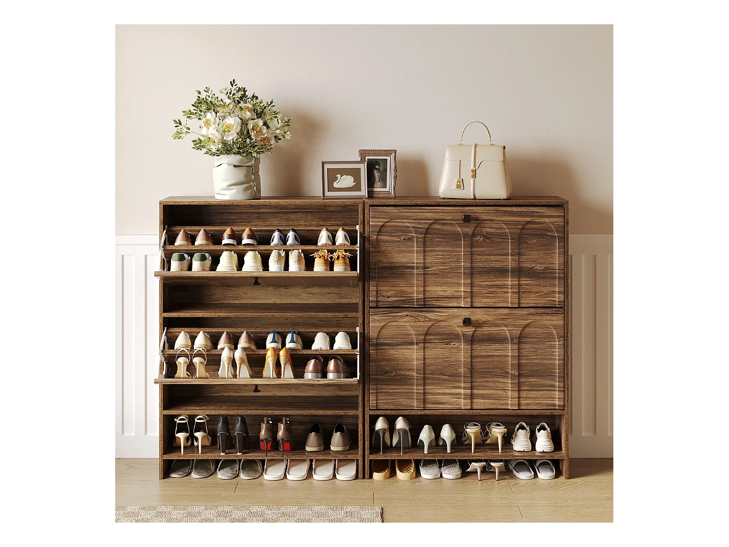 Meuble à chaussures d'entrée avec 2 tiroirs rabattables, meuble à chaussures étroit en bois avec panneau cannelé