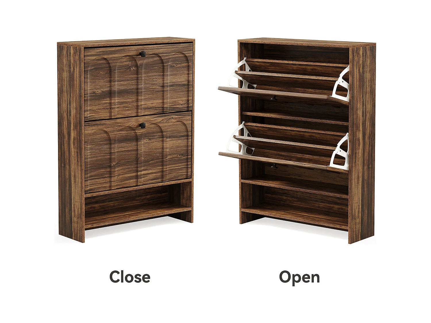 Meuble à chaussures d'entrée avec 2 tiroirs rabattables, meuble à chaussures étroit en bois avec panneau cannelé