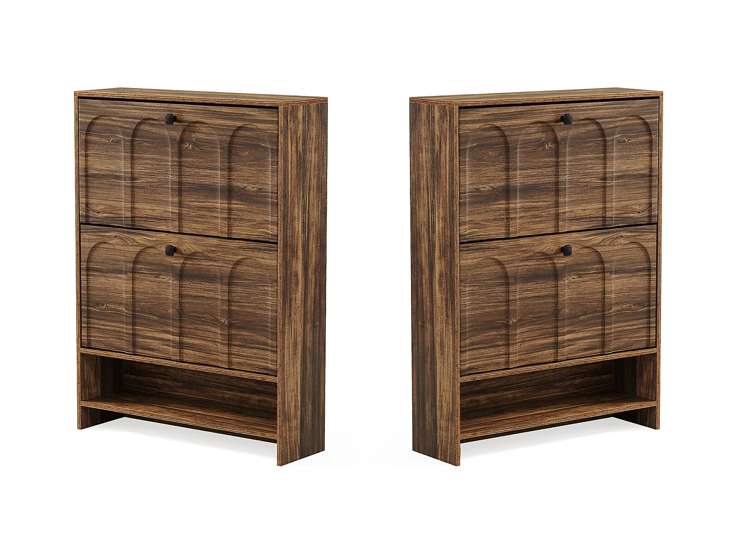 Meuble à chaussures d'entrée avec 2 tiroirs rabattables, meuble à chaussures étroit en bois avec panneau cannelé