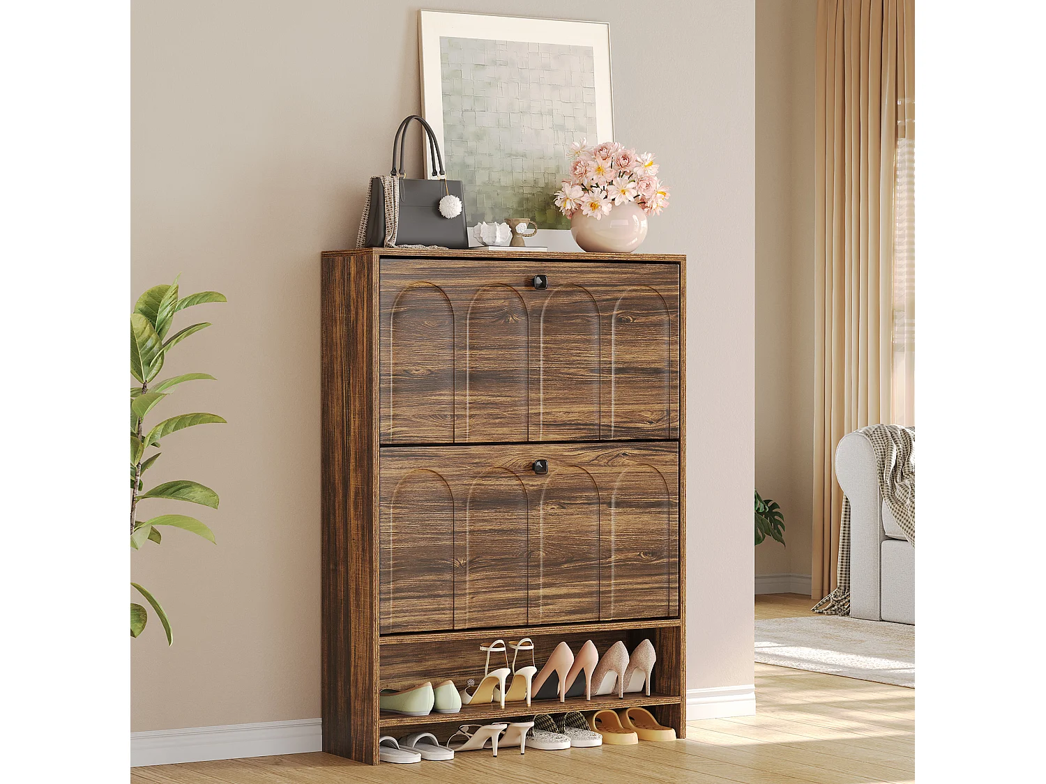 Meuble à chaussures d'entrée avec 2 tiroirs rabattables, meuble à chaussures étroit en bois avec panneau cannelé