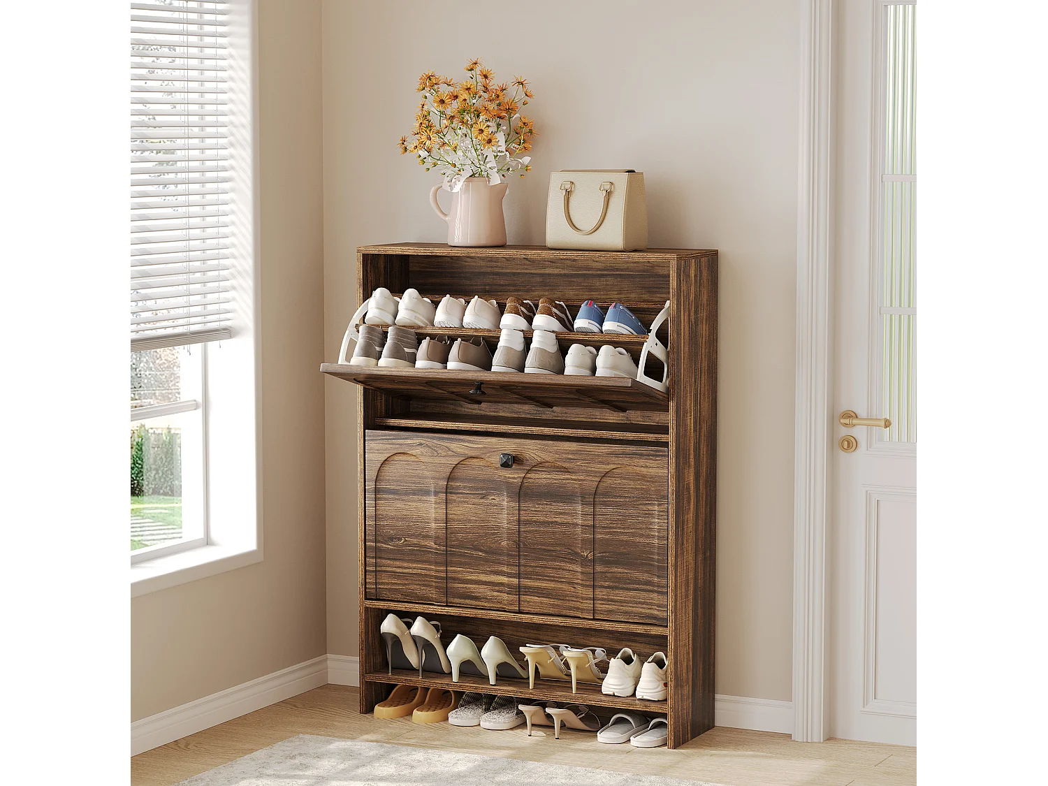 Meuble à chaussures d'entrée avec 2 tiroirs rabattables, meuble à chaussures étroit en bois avec panneau cannelé