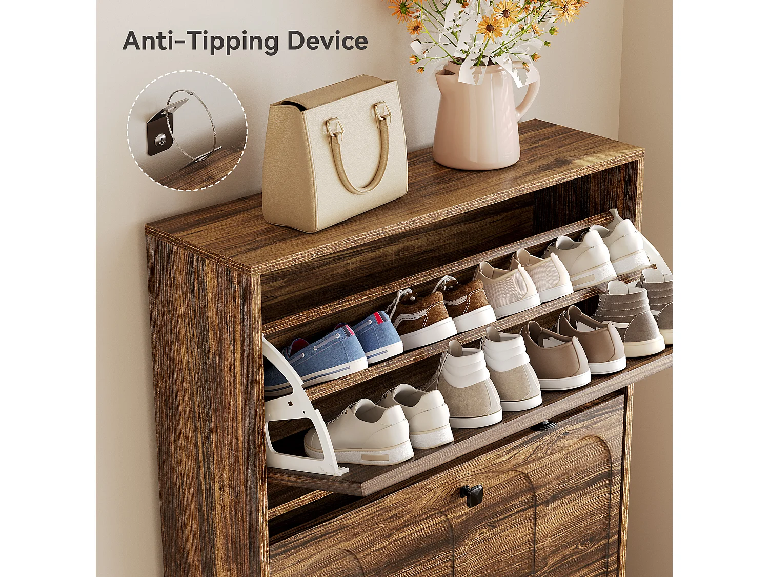 Meuble à chaussures d'entrée avec 2 tiroirs rabattables, meuble à chaussures étroit en bois avec panneau cannelé