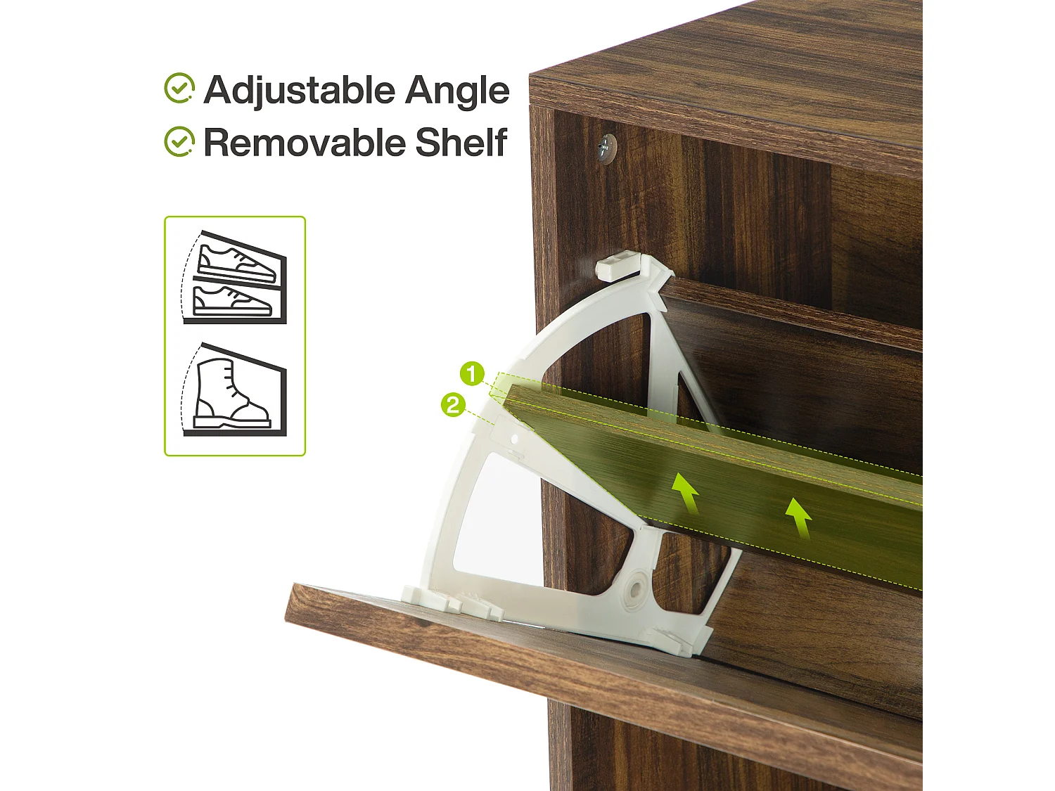 Meuble à chaussures d'entrée avec 2 tiroirs rabattables, meuble à chaussures étroit en bois avec panneau cannelé