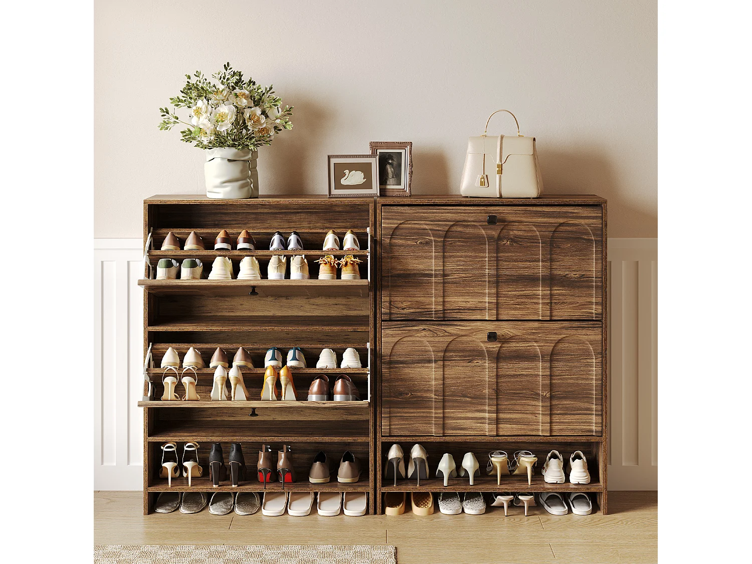 Meuble à chaussures d'entrée avec 2 tiroirs rabattables, meuble à chaussures étroit en bois avec panneau cannelé