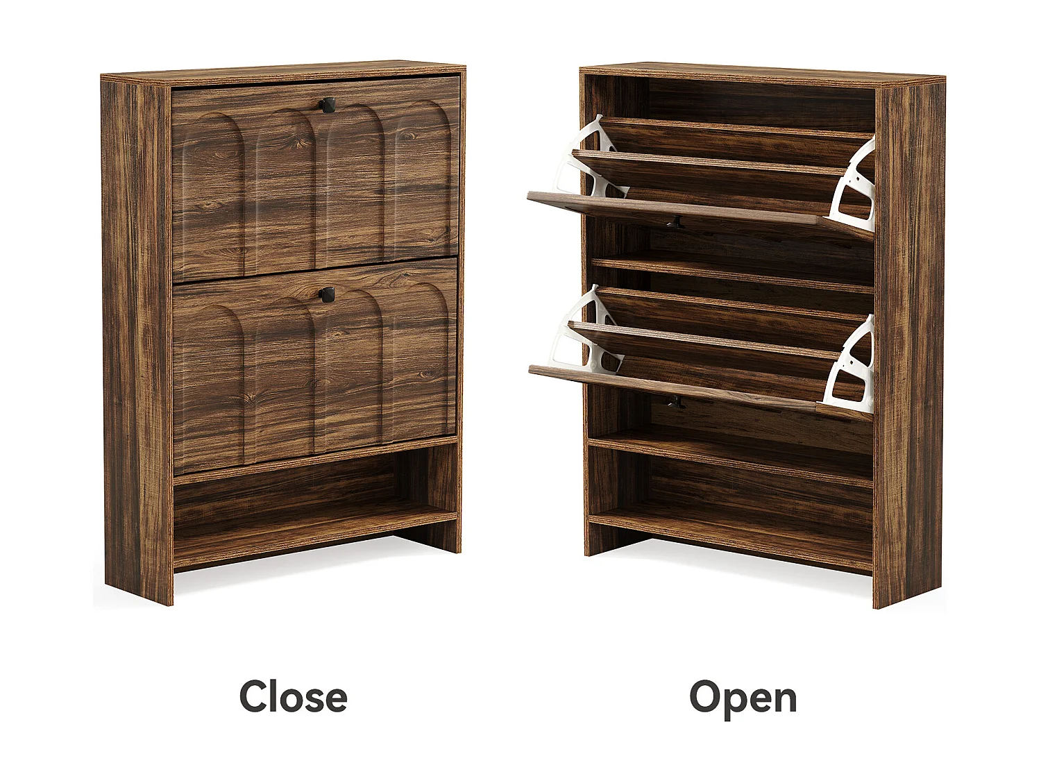Meuble à chaussures d'entrée avec 2 tiroirs rabattables, meuble à chaussures étroit en bois avec panneau cannelé
