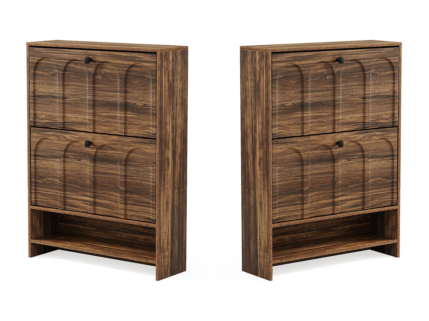 Meuble à chaussures d'entrée avec 2 tiroirs rabattables, meuble à chaussures étroit en bois avec panneau cannelé