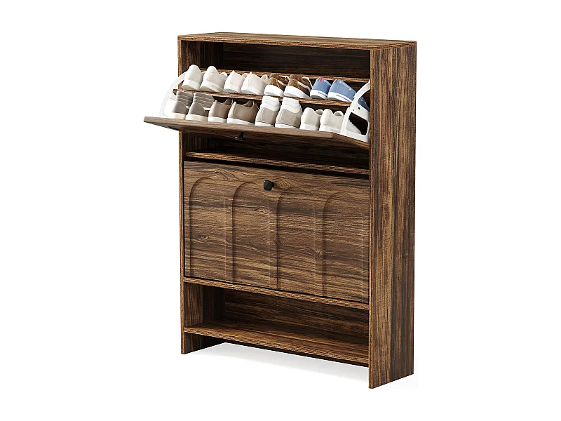 Meuble à chaussures d'entrée avec 2 tiroirs rabattables, meuble à chaussures étroit en bois avec panneau cannelé