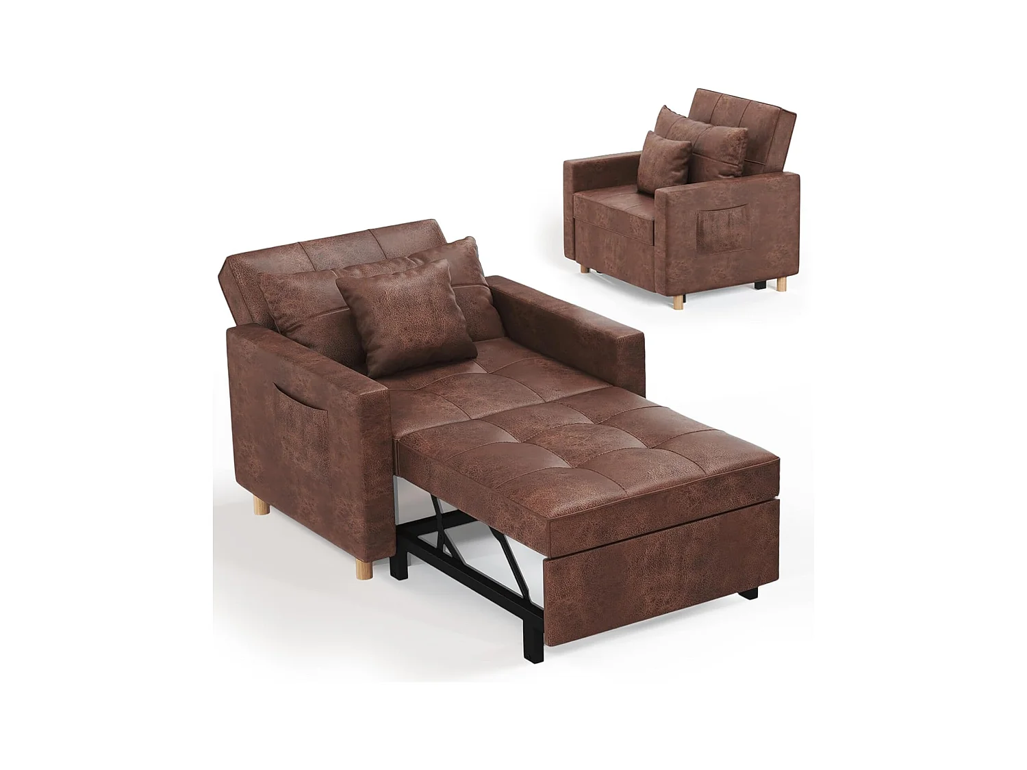 YODOLLA 192cm schlafsessel, 3-in-1 Schlaferstuhl ausziehbar mit Bettfunktion, Seitentasche & verstellbarer Rückenlehne für Gästezimmer, Braun