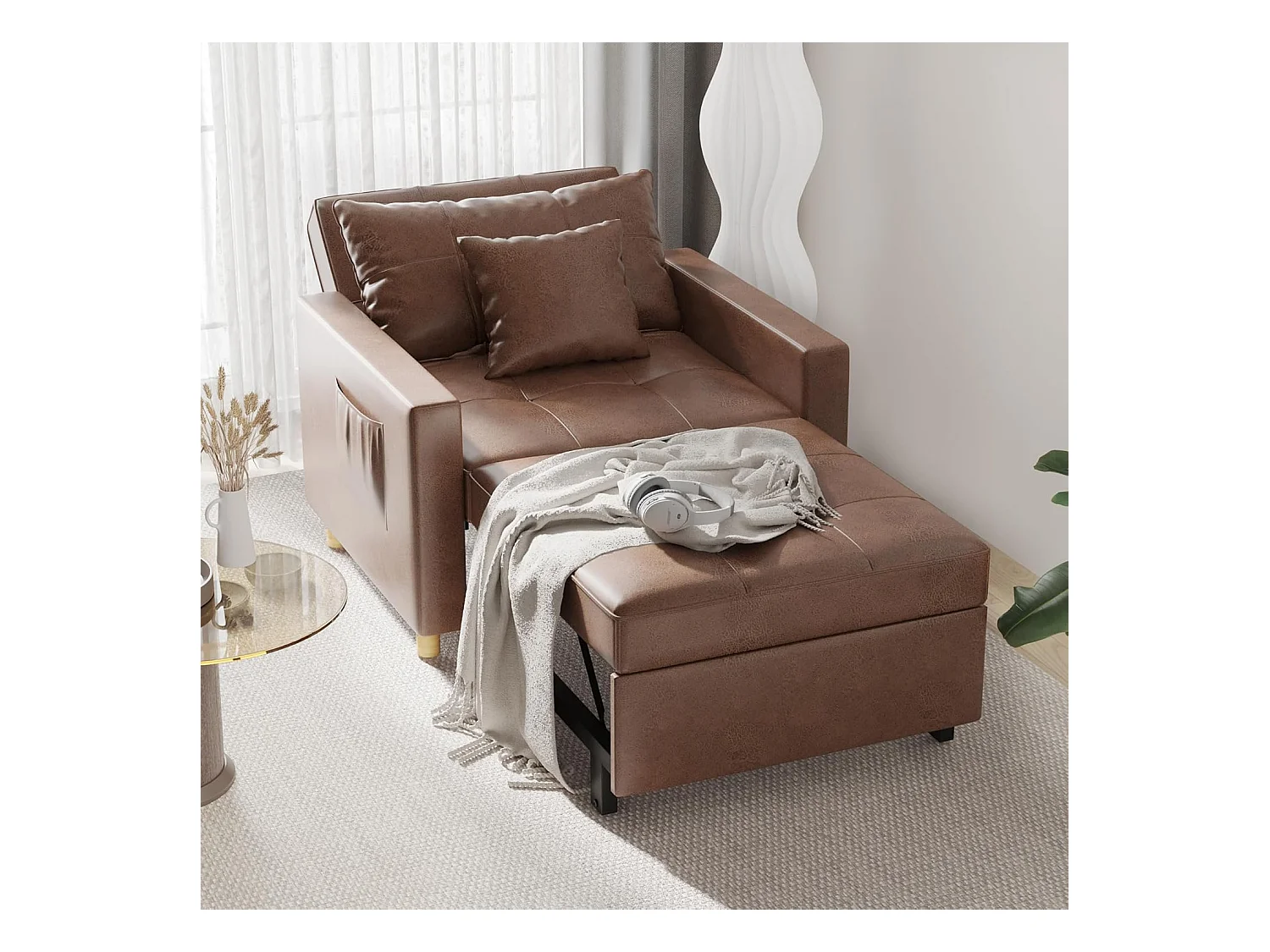 YODOLLA 192cm schlafsessel, 3-in-1 Schlaferstuhl ausziehbar mit Bettfunktion, Seitentasche & verstellbarer Rückenlehne für Gästezimmer, Braun