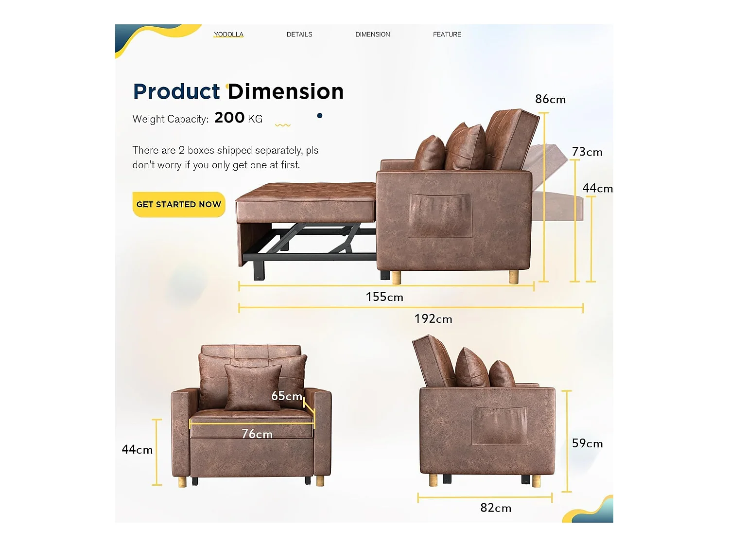 YODOLLA 192cm schlafsessel, 3-in-1 Schlaferstuhl ausziehbar mit Bettfunktion, Seitentasche & verstellbarer Rückenlehne für Gästezimmer, Braun