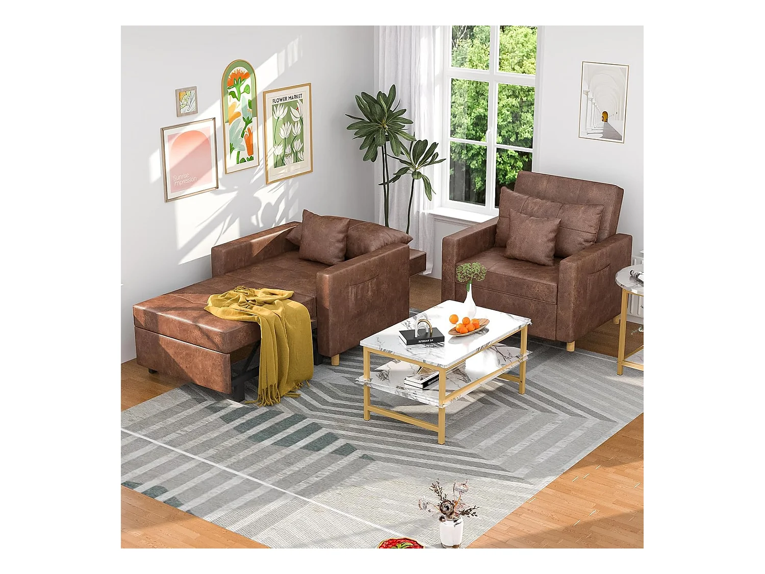 YODOLLA 192cm schlafsessel, 3-in-1 Schlaferstuhl ausziehbar mit Bettfunktion, Seitentasche & verstellbarer Rückenlehne für Gästezimmer, Braun