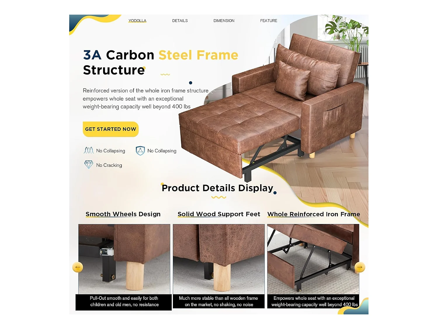 YODOLLA 192cm schlafsessel, 3-in-1 Schlaferstuhl ausziehbar mit Bettfunktion, Seitentasche & verstellbarer Rückenlehne für Gästezimmer, Braun