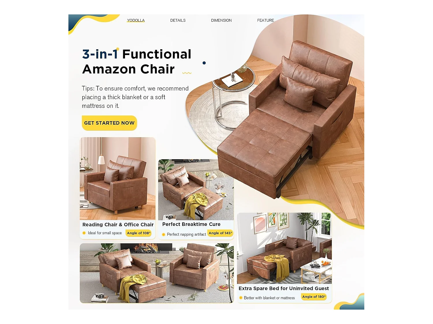 YODOLLA 192cm schlafsessel, 3-in-1 Schlaferstuhl ausziehbar mit Bettfunktion, Seitentasche & verstellbarer Rückenlehne für Gästezimmer, Braun