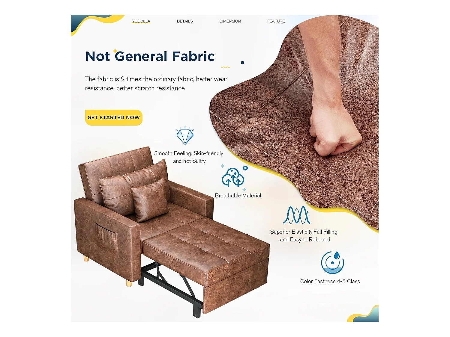 YODOLLA 192cm schlafsessel, 3-in-1 Schlaferstuhl ausziehbar mit Bettfunktion, Seitentasche & verstellbarer Rückenlehne für Gästezimmer, Braun